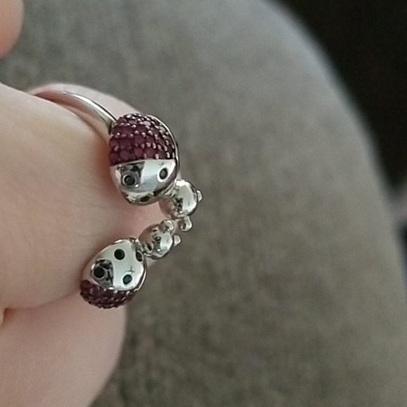 Lady Bugs Ring - 925 SS White Gold Overlay & Ruby - Picture 7 of 12